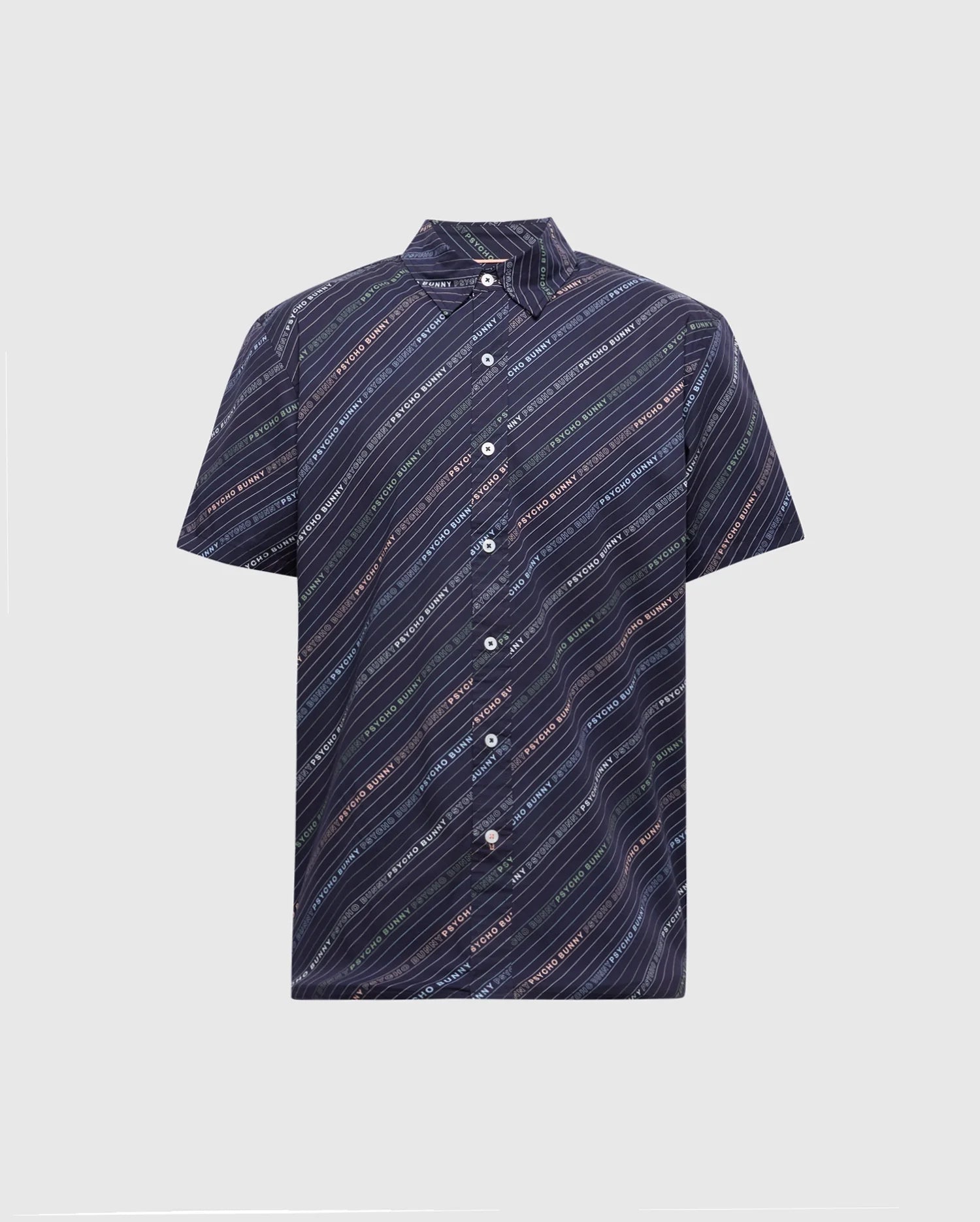 The Psycho Bunny MENS RENMARK STRETCH POPLIN WOVEN SHIRT (B6Q629F200) features short sleeves, a classic collar, and white buttons. It has a logo-striped pattern with small repeating text in white on a dark background for timeless appeal.