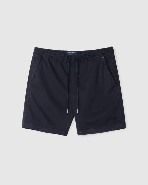Navy blue drawstring MENS WILLIS STRETCH TENCEL SHORT - B6R239Y1WB by Psycho Bunny with two side pockets and a slight embroidered design on the right leg. The comfortable style is ideal for everyday wear, providing both ease and flexibility.