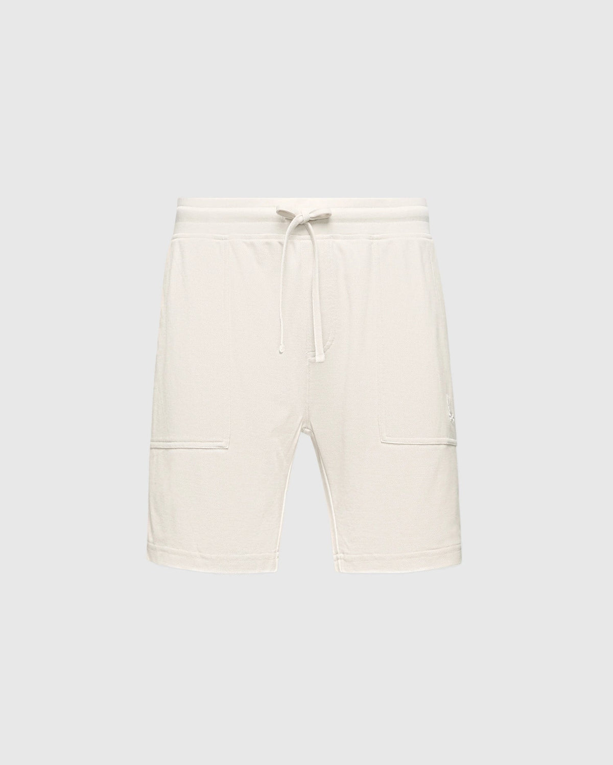 The MENS TAYLOR LIGHT PIQUE SWEATSHORT - B6R344F200 by Psycho Bunny are white athletic shorts made from lightweight Pima cotton, featuring an elastic waistband with a drawstring, two front pockets, and straight hems on a light gray background.