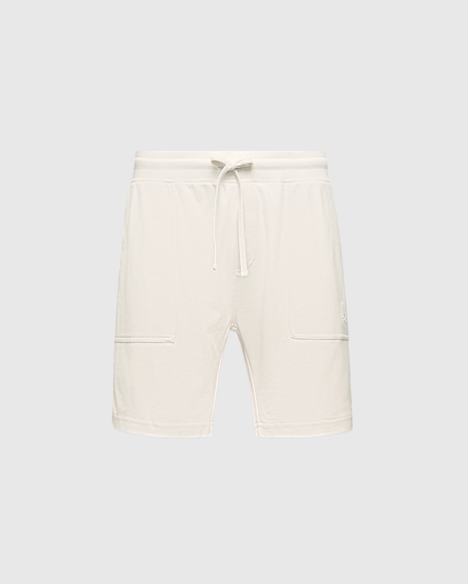 The MENS TAYLOR LIGHT PIQUE SWEATSHORT - B6R344F200 by Psycho Bunny are white athletic shorts made from lightweight Pima cotton, featuring an elastic waistband with a drawstring, two front pockets, and straight hems on a light gray background.