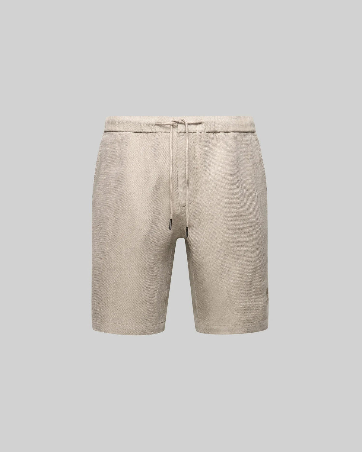 The Psycho Bunny MENS WINDCREST LINEN BLEND DRAWSTRING SHORT (B6R474C200) features an elastic waist, side pockets, and a beige linen-cotton blend, ideal for summer style. Displayed on a plain grey background.
