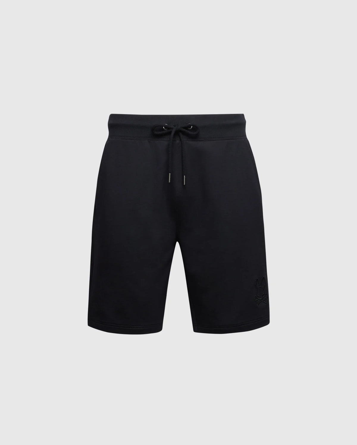 Introducing the black Psycho Bunny Men's Levanzo Sweatshort, crafted from micro French terry for ultimate comfort. Features include an elastic waistband with drawstring and a subtle Embroidery Bunny logo on the lower left side, perfect for athletic pursuits against a plain white background.