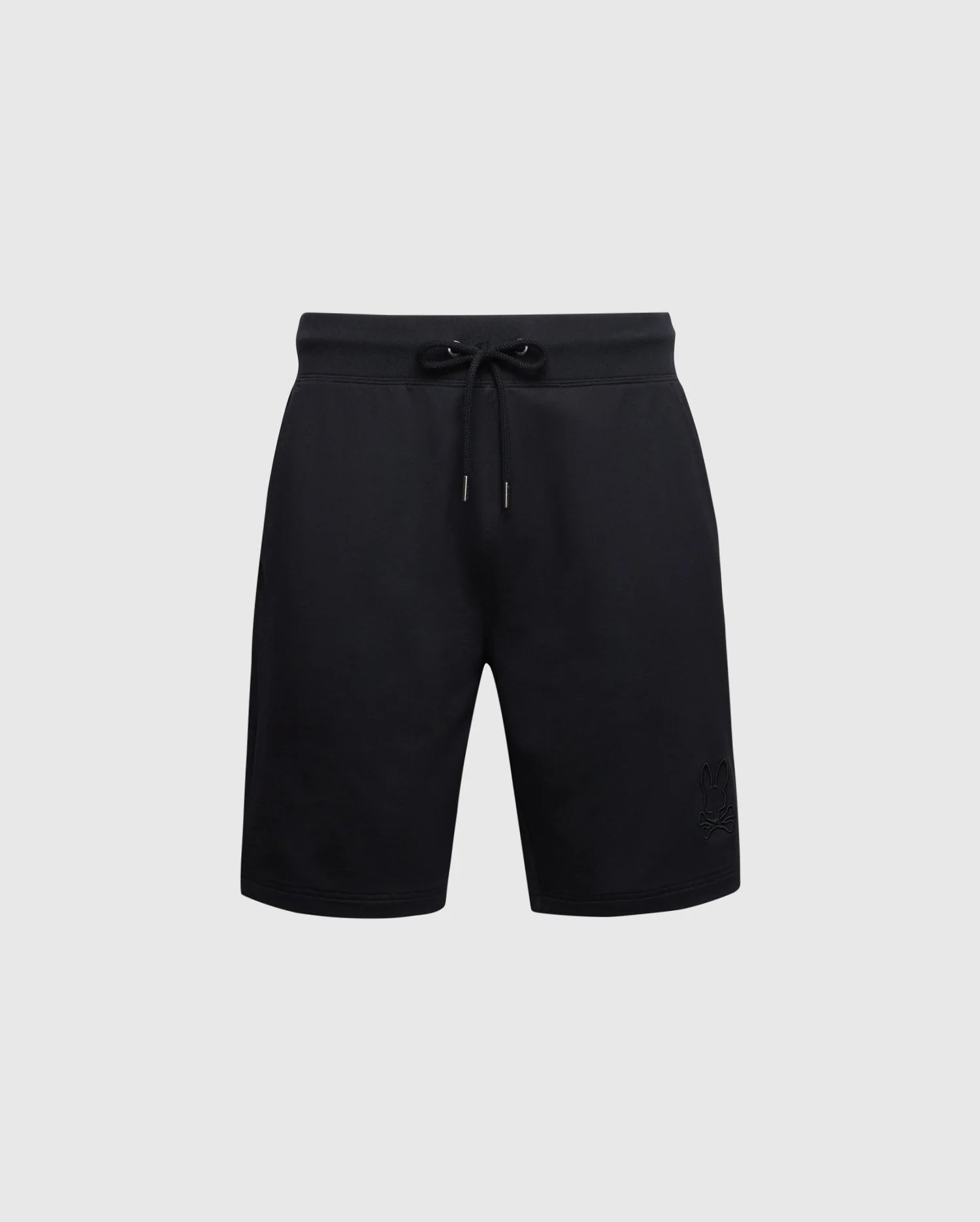 Introducing the black Psycho Bunny Men's Levanzo Sweatshort, crafted from micro French terry for ultimate comfort. Features include an elastic waistband with drawstring and a subtle Embroidery Bunny logo on the lower left side, perfect for athletic pursuits against a plain white background.