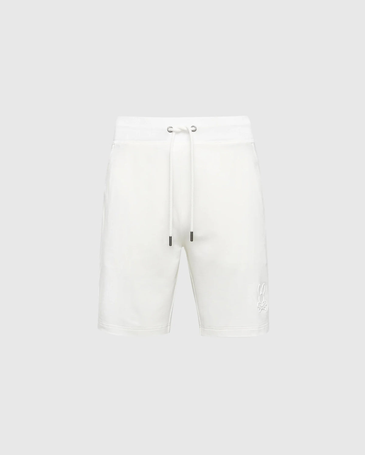 The Psycho Bunny Mens Levanzo Embroidered Micro French Terry Sweatshort (B6R578F200) features a relaxed fit, metal-tipped drawcords, and a subtle Bunny logo near the left hem, shown here in white on a light gray background.