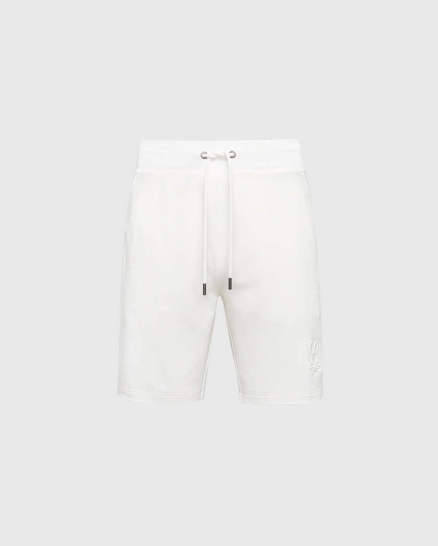 The Psycho Bunny Mens Levanzo Embroidered Micro French Terry Sweatshort (B6R578F200) features a relaxed fit, metal-tipped drawcords, and a subtle Bunny logo near the left hem, shown here in white on a light gray background.