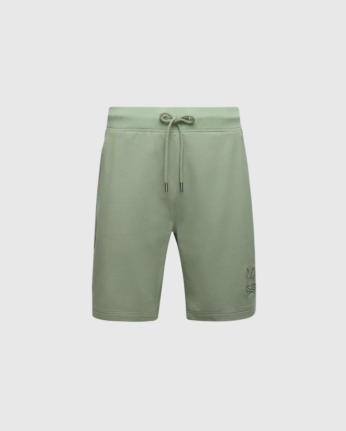 The Psycho Bunny Men's Levanzo Sweatshorts, B6R578F200, are green casual wear crafted from micro French terry. They feature a drawstring waistband and an embroidered bunny logo on the left leg near the hem, with their vibrant color standing out against a plain white background.
