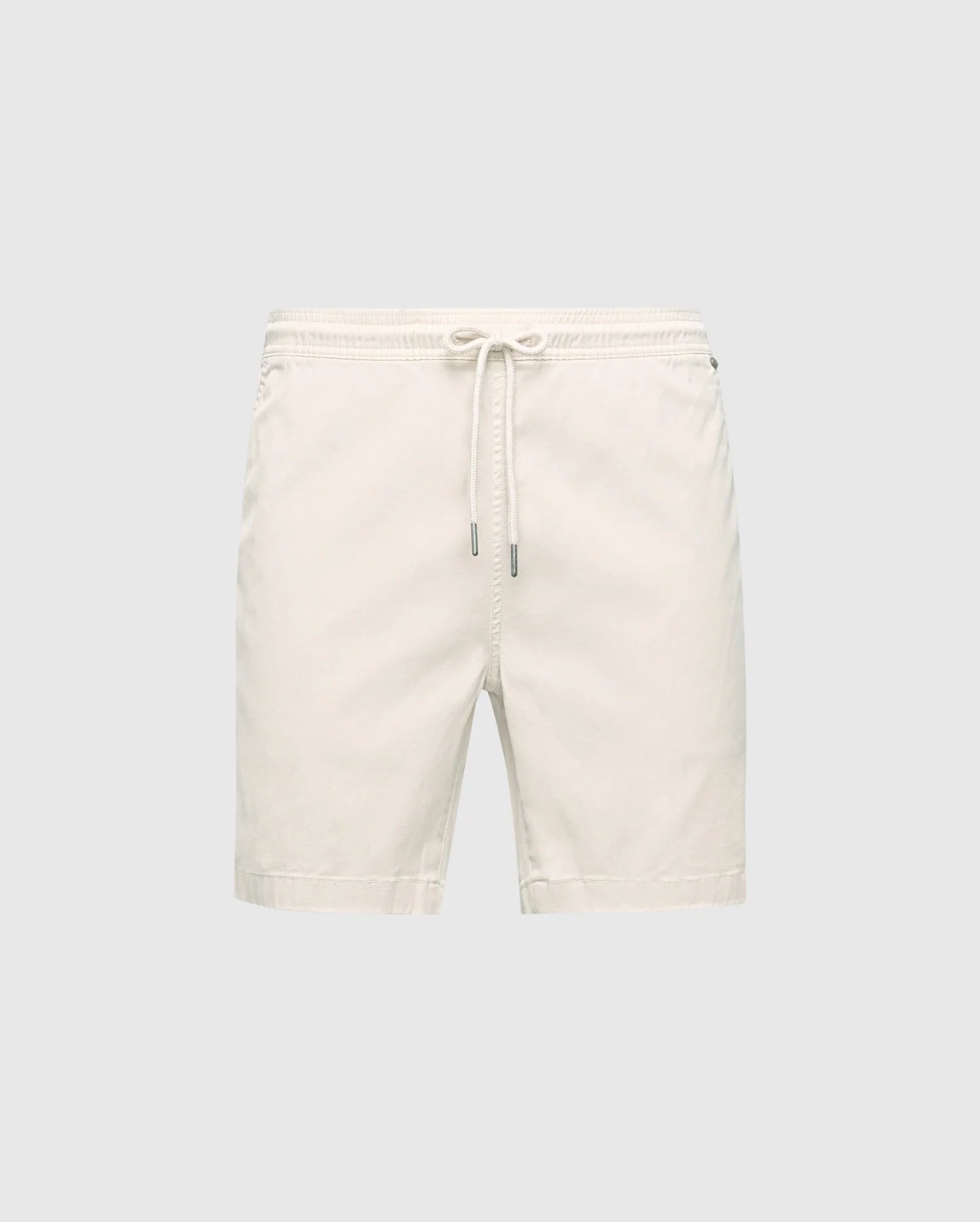 The MENS WILLIS STRETCH TENCEL SHORT in cream by Psycho Bunny features a Stretch Tencel™ blend with an elasticized waistband and drawstring closure, set against a plain gray background, perfect for effortless casual style.