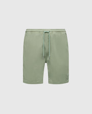 The Psycho Bunny MENS WILLIS STRETCH TENCEL SHORT (B6R584F200) in light green features a regular fit, soft stretch Tencel™ blend, elastic waistband with adjustable drawstring, and side pockets, shown on a white background.