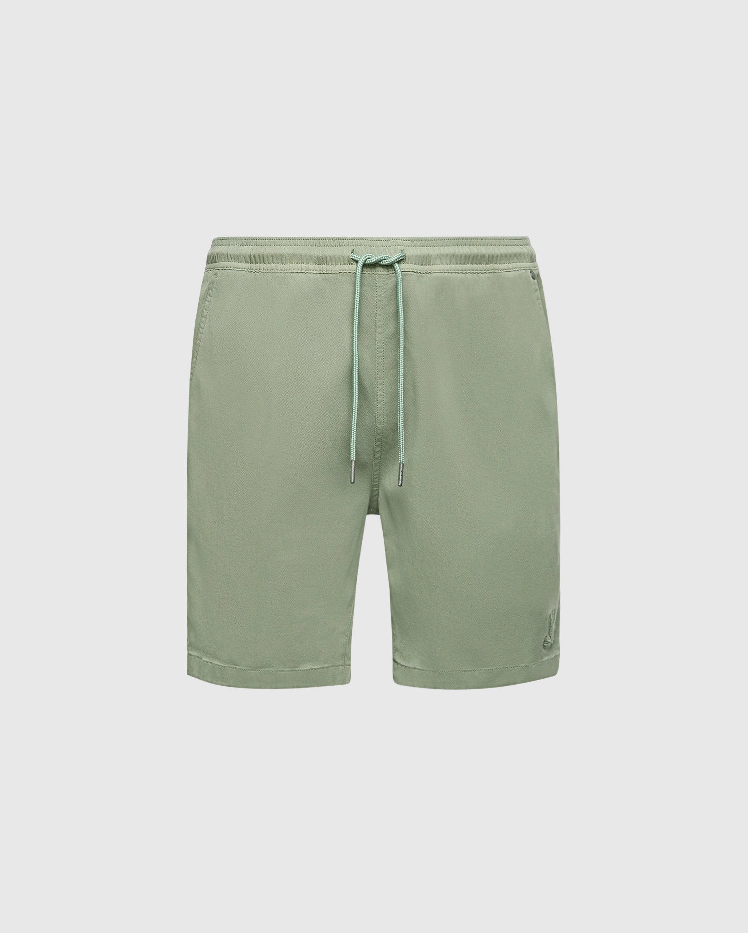 The Psycho Bunny MENS WILLIS STRETCH TENCEL SHORT (B6R584F200) in light green features a regular fit, soft stretch Tencel™ blend, elastic waistband with adjustable drawstring, and side pockets, shown on a white background.