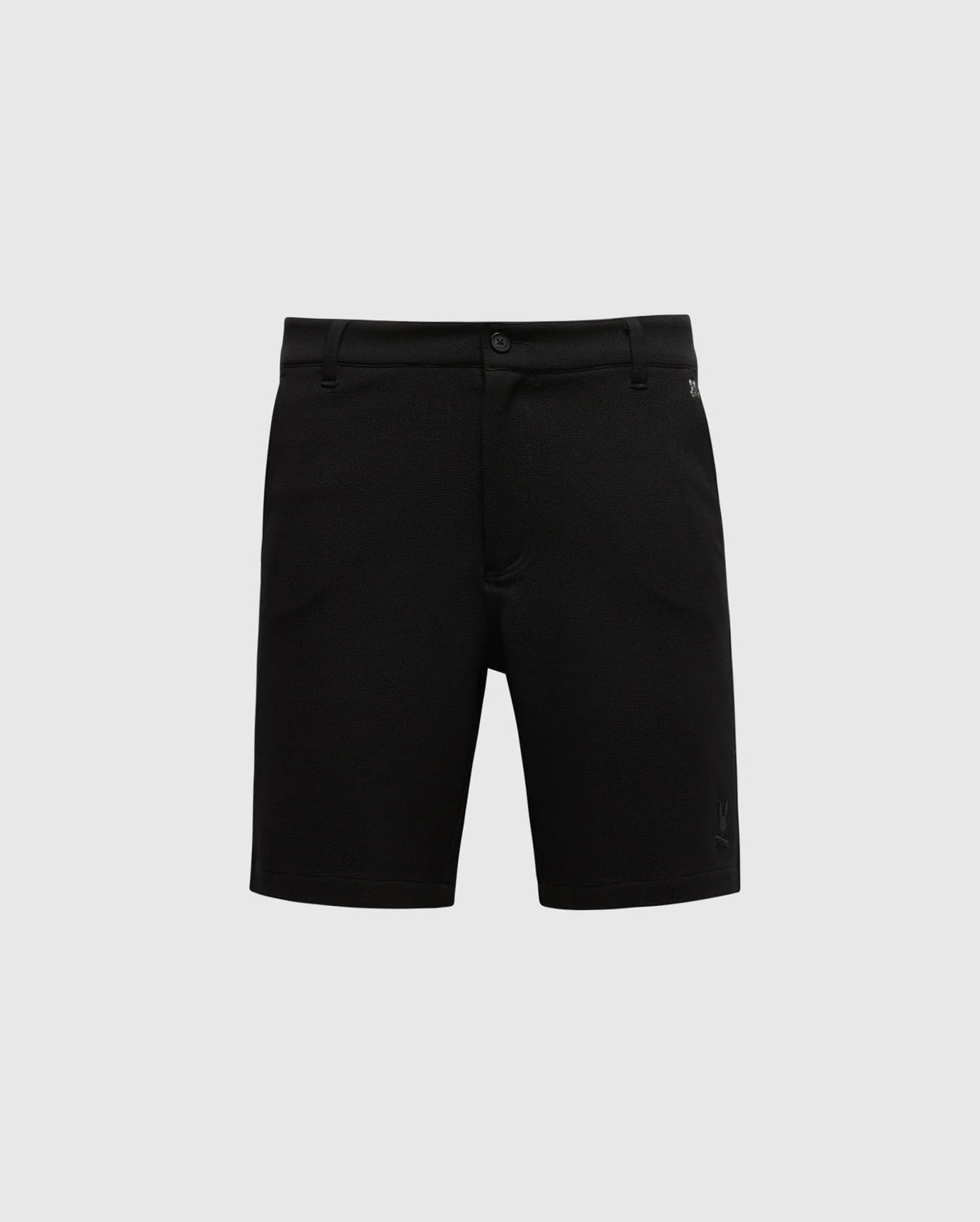 The Psycho Bunny MENS SHIRO KNIT HONEYCOMB SHORT - B6R585F200, displayed on a plain white background, features a button/zip closure, belt loops, and side pockets. Made from smooth fabric tailored for a slim fit, it offers a stylish day-to-night transition.