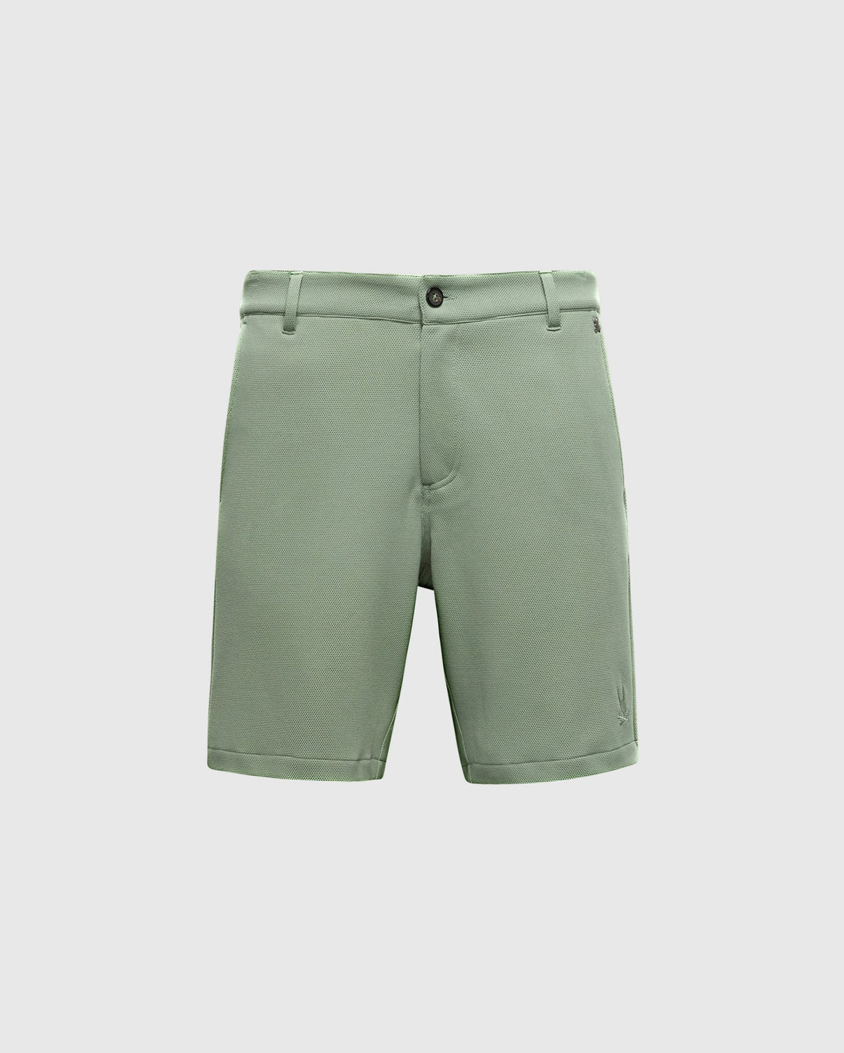 The Psycho Bunny MENS SHIRO KNIT HONEYCOMB SHORT (B6R585F200) in light green features belt loops, a button, and zipper. The smooth fabric with honeycomb-patterned piqué offers a modern feel. A minimalist design and logo near the hem make these shorts versatile against a plain white background.