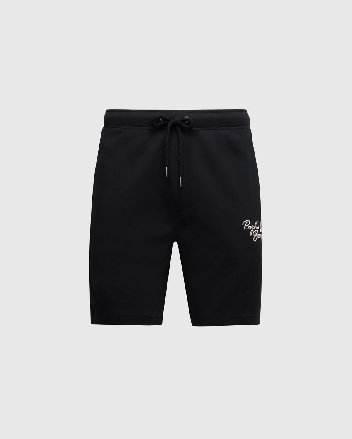 Psycho Bunny's MENS DESERT EMBROIDERED MODAL SWEATSHORT (B6R617F200) features black moisture-wicking modal-blend fabric with an elastic waistband, drawstring, and a small white embroidered logo on the left leg, set against a plain light gray background.
