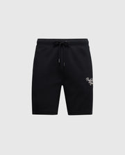 Psycho Bunny's MENS DESERT EMBROIDERED MODAL SWEATSHORT (B6R617F200) features black moisture-wicking modal-blend fabric with an elastic waistband, drawstring, and a small white embroidered logo on the left leg, set against a plain light gray background.