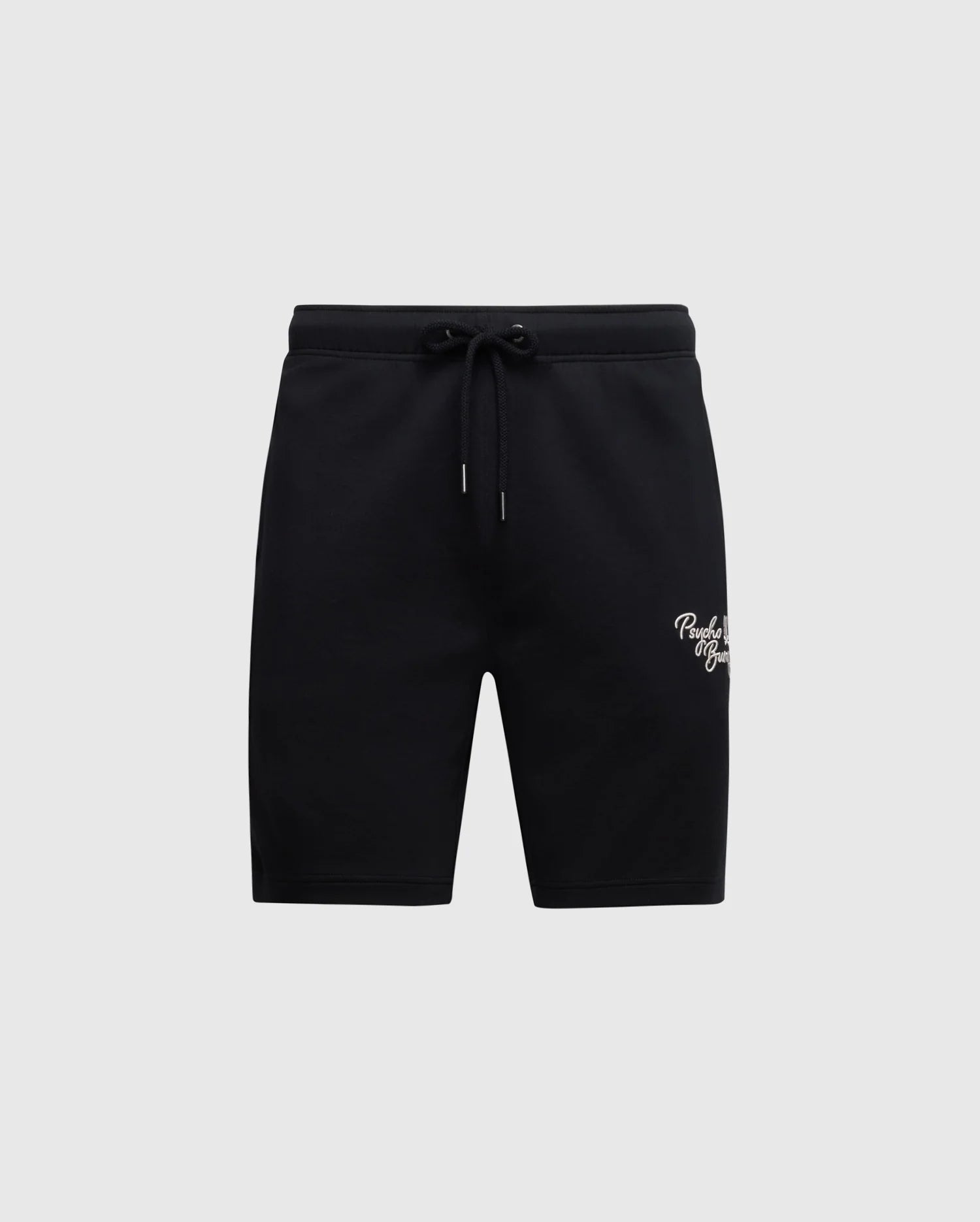 Psycho Bunny's MENS DESERT EMBROIDERED MODAL SWEATSHORT (B6R617F200) features black moisture-wicking modal-blend fabric with an elastic waistband, drawstring, and a small white embroidered logo on the left leg, set against a plain light gray background.