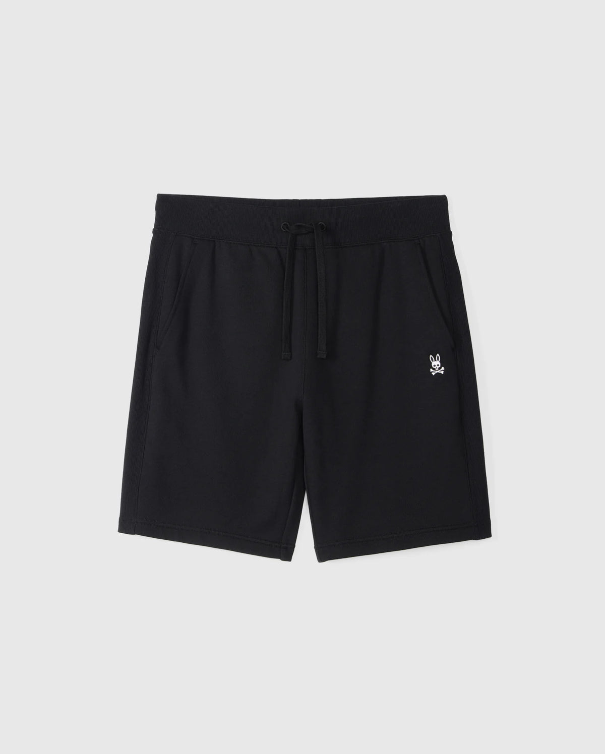 A pair of Psycho Bunny Mens Levy Fleece Sweatshorts (B6R862D200) in black cotton fleece, featuring an elastic waistband and a centered drawstring. These regular-fit shorts come with two side pockets and a small white skull and crossbones logo on the left thigh, displayed against a plain white background.