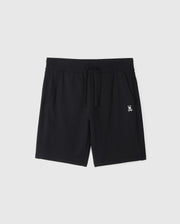 A pair of Psycho Bunny Mens Levy Fleece Sweatshorts (B6R862D200) in black cotton fleece, featuring an elastic waistband and a centered drawstring. These regular-fit shorts come with two side pockets and a small white skull and crossbones logo on the left thigh, displayed against a plain white background.