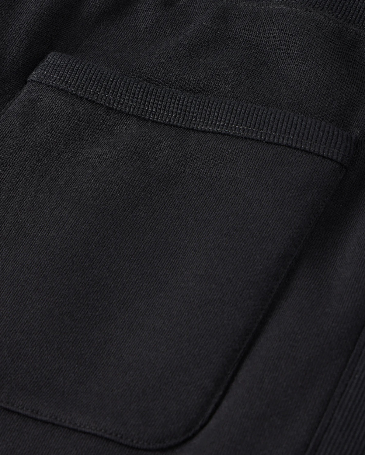 Close-up of a black fabric pocket on the MENS LEVY FLEECE SWEATSHORT - B6R862D200 by Psycho Bunny, showcasing detailed stitching and texture. The pocket features a simple, rectangular design with a small folded edge at the top. The thick and durable fabric appears to be french terry or a similar material.