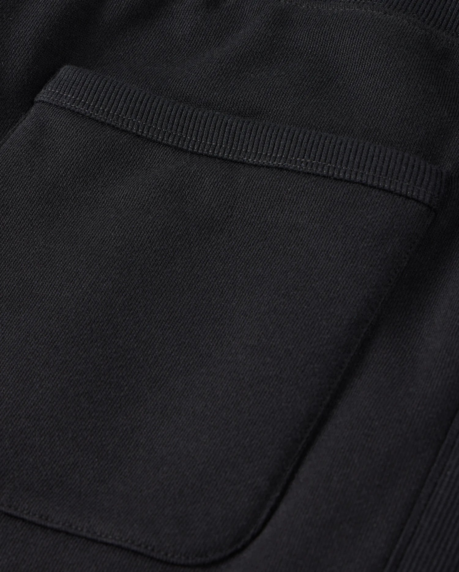 Close-up of a black fabric pocket on the MENS LEVY FLEECE SWEATSHORT - B6R862D200 by Psycho Bunny, showcasing detailed stitching and texture. The pocket features a simple, rectangular design with a small folded edge at the top. The thick and durable fabric appears to be french terry or a similar material.