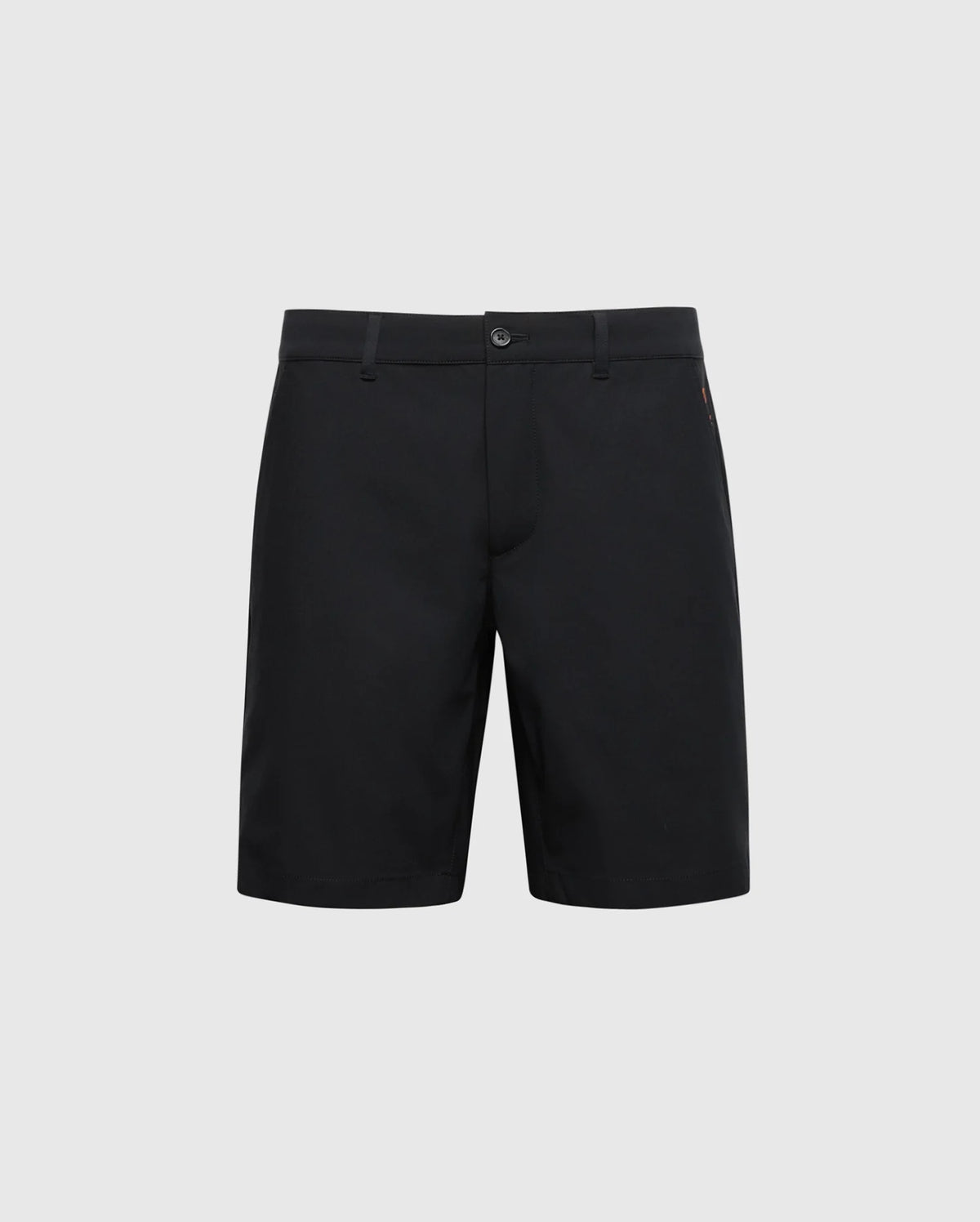 Psycho Bunny's MENS 10K STEP SHORT - B6R969F200 are black shorts featuring a buttoned waistband and belt loops, shown on a white background. They offer a classic, tailored fit with a straight-leg design for effortless style and breathable comfort during any activity.