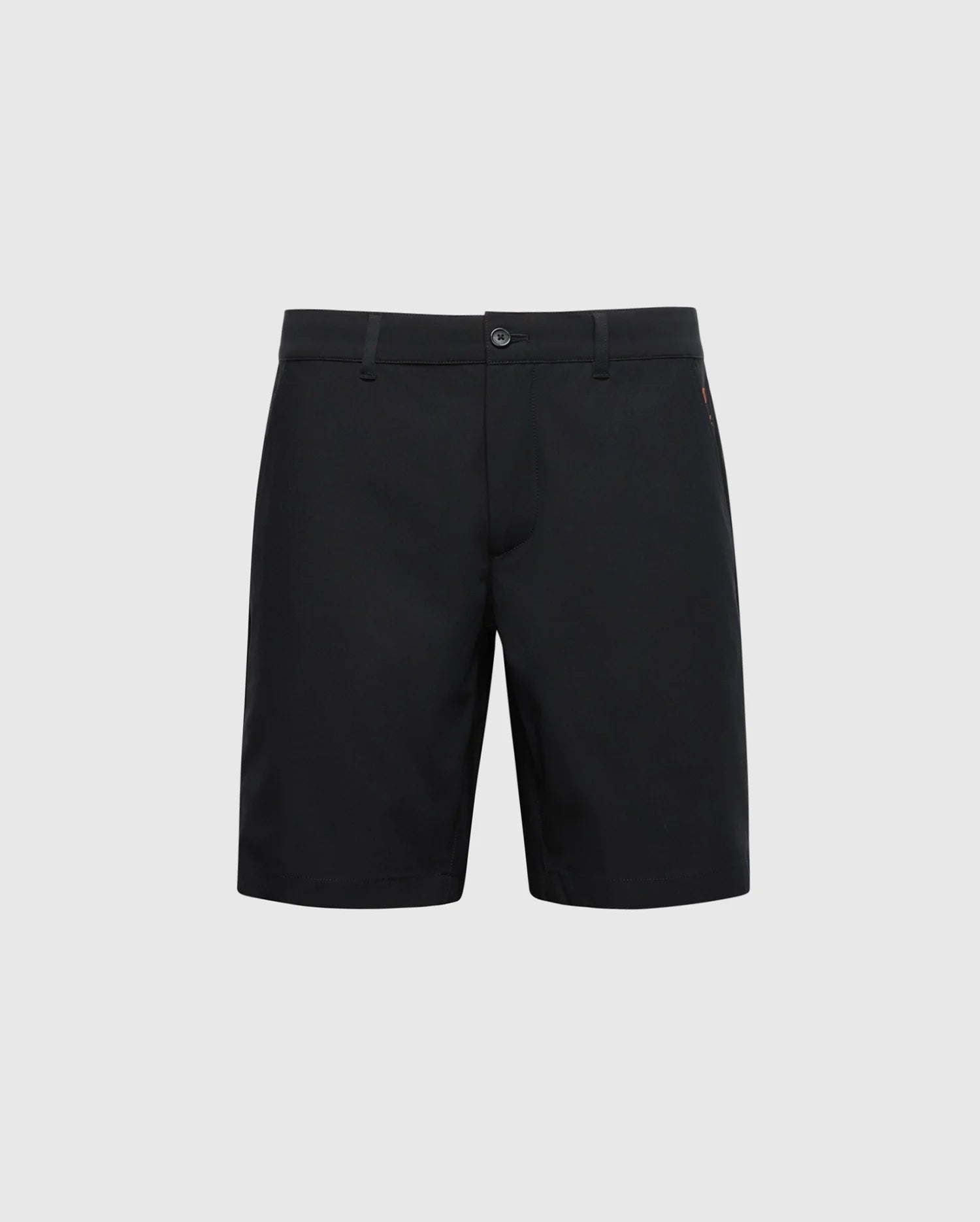 Psycho Bunny's MENS 10K STEP SHORT - B6R969F200 are black shorts featuring a buttoned waistband and belt loops, shown on a white background. They offer a classic, tailored fit with a straight-leg design for effortless style and breathable comfort during any activity.