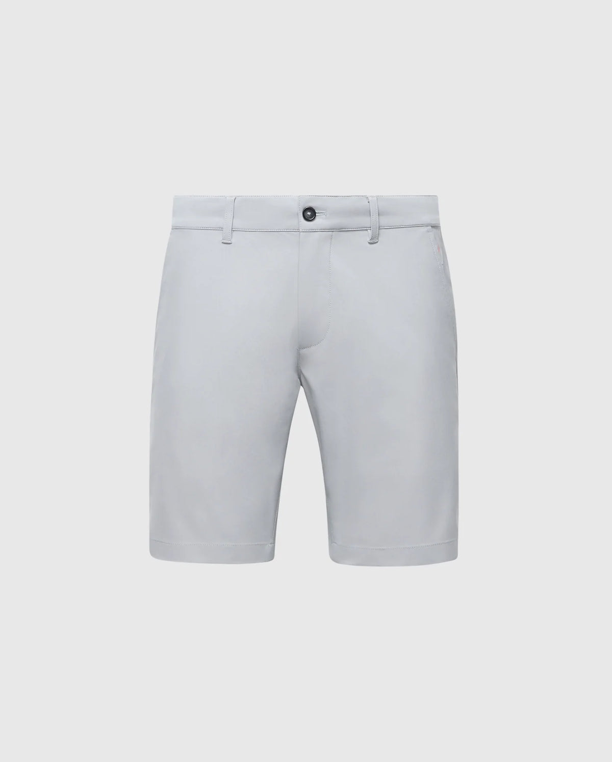 The Psycho Bunny MENS 10K STEP SHORT - B6R969F200 are gray shorts featuring a button and zipper closure, belt loops, and two front pockets. Designed for athletic breathability with a smooth and slightly reflective fabric, they are shown on a plain light gray background.
