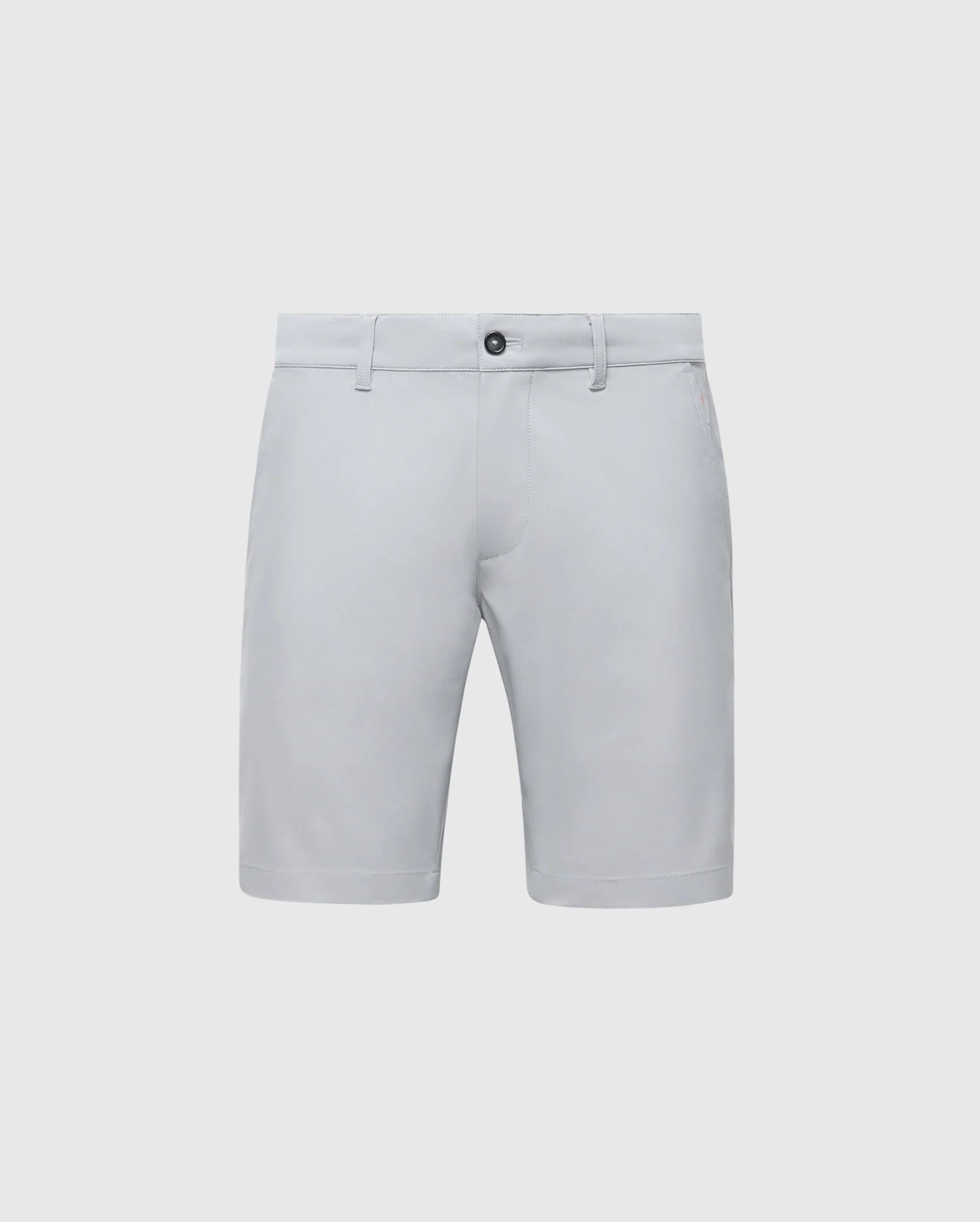 The Psycho Bunny MENS 10K STEP SHORT - B6R969F200 are gray shorts featuring a button and zipper closure, belt loops, and two front pockets. Designed for athletic breathability with a smooth and slightly reflective fabric, they are shown on a plain light gray background.