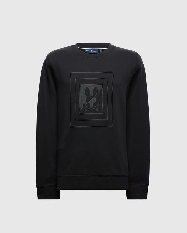 Check out the MENS OAK CITY CREW NECK - B6S274E200 by Psycho Bunny, a black men's sweater adorned with a subtle monochrome rabbit and crossbones design at the center. Crafted from premium quality materials, this stylish piece boasts raised embroidery for an extra touch of sophistication.