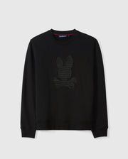 The MENS KINGSTON SWEATSHIRT - B6S480D200 by Psycho Bunny is a black cotton jersey sweatshirt. It features a subtle 3D-embroidery design of a bunny head and crossed bones on the front, with a crew neck and long sleeves, displayed against a plain white background.