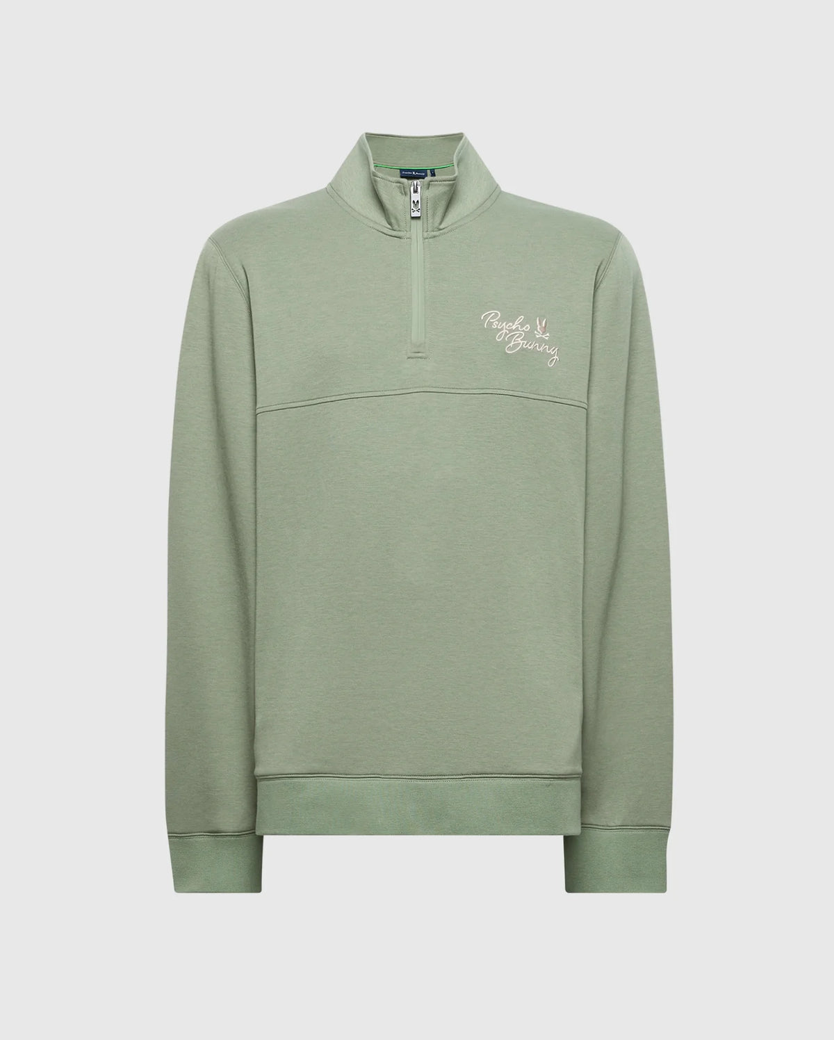 The Psycho Bunny MENS DESERT 1/4 MOCK ZIP in light green features a small embroidered wordmark logo with white text and a graphic on the left chest. Made from 100% cotton, this stylish sweatshirt has long sleeves with ribbed cuffs. Model: B6S488F200.