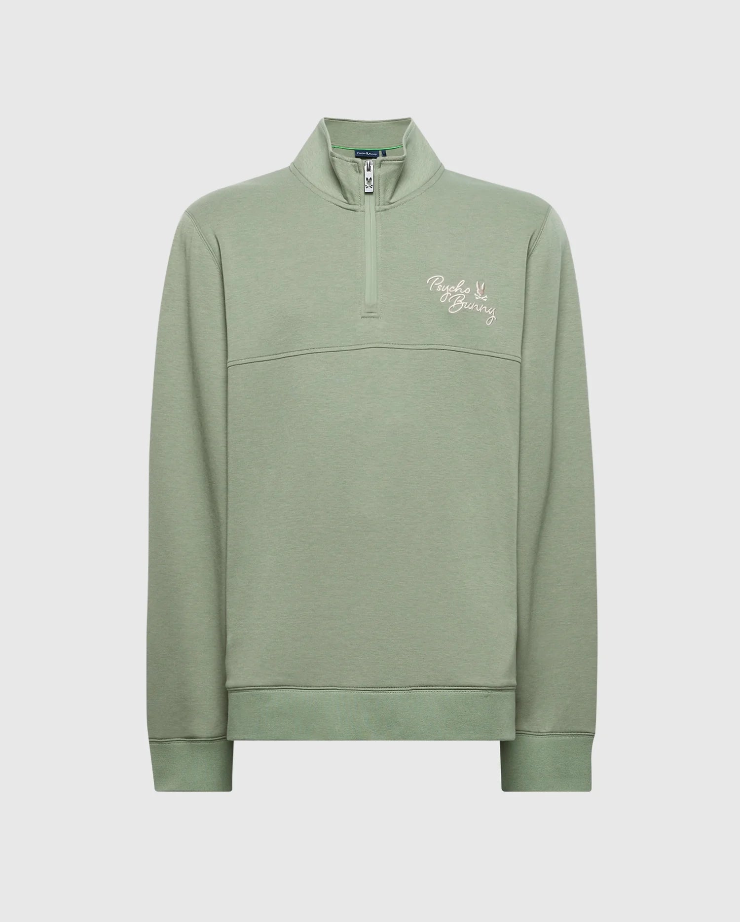 The Psycho Bunny MENS DESERT 1/4 MOCK ZIP in light green features a small embroidered wordmark logo with white text and a graphic on the left chest. Made from 100% cotton, this stylish sweatshirt has long sleeves with ribbed cuffs. Model: B6S488F200.