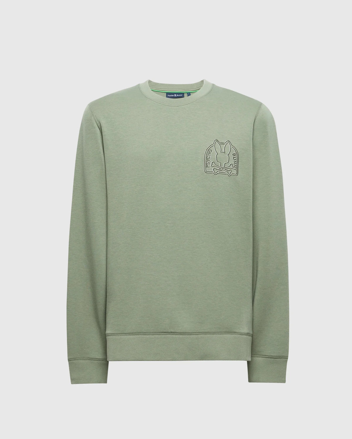 The Psycho Bunny Men's Melbourne Embroidered Classic Modal Crewneck Sweatshirt (B6S561F200) in light green features a small embroidered graphic on the left chest, crafted from soft stretch jersey with a round neckline and long sleeves for both style and comfort.