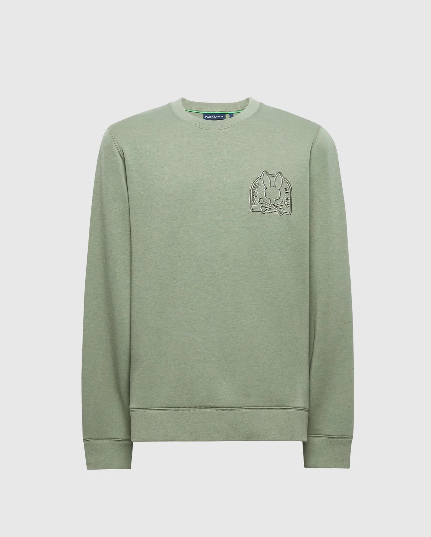 The Psycho Bunny Men's Melbourne Embroidered Classic Modal Crewneck Sweatshirt (B6S561F200) in light green features a small embroidered graphic on the left chest, crafted from soft stretch jersey with a round neckline and long sleeves for both style and comfort.