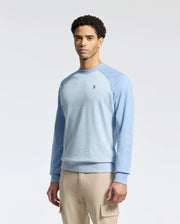 A man in a Psycho Bunny MENS ARCHIE MELANGE COLOR BLOCK SWEATSHIRT (B6S630F200) with light blue and darker blue raglan sleeves, plus beige cargo pants, stands against a white background. The sweater has an embroidered Bunny logo on the chest, adding a playful touch to his outfit.