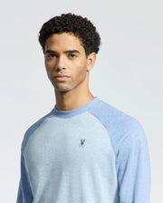A person with short curly hair is wearing a light blue Psycho Bunny MENS ARCHIE MELANGE COLOR BLOCK SWEATSHIRT, embroidered with the Bunny logo on the chest. The plain, light-colored background complements their monochrome outfit.