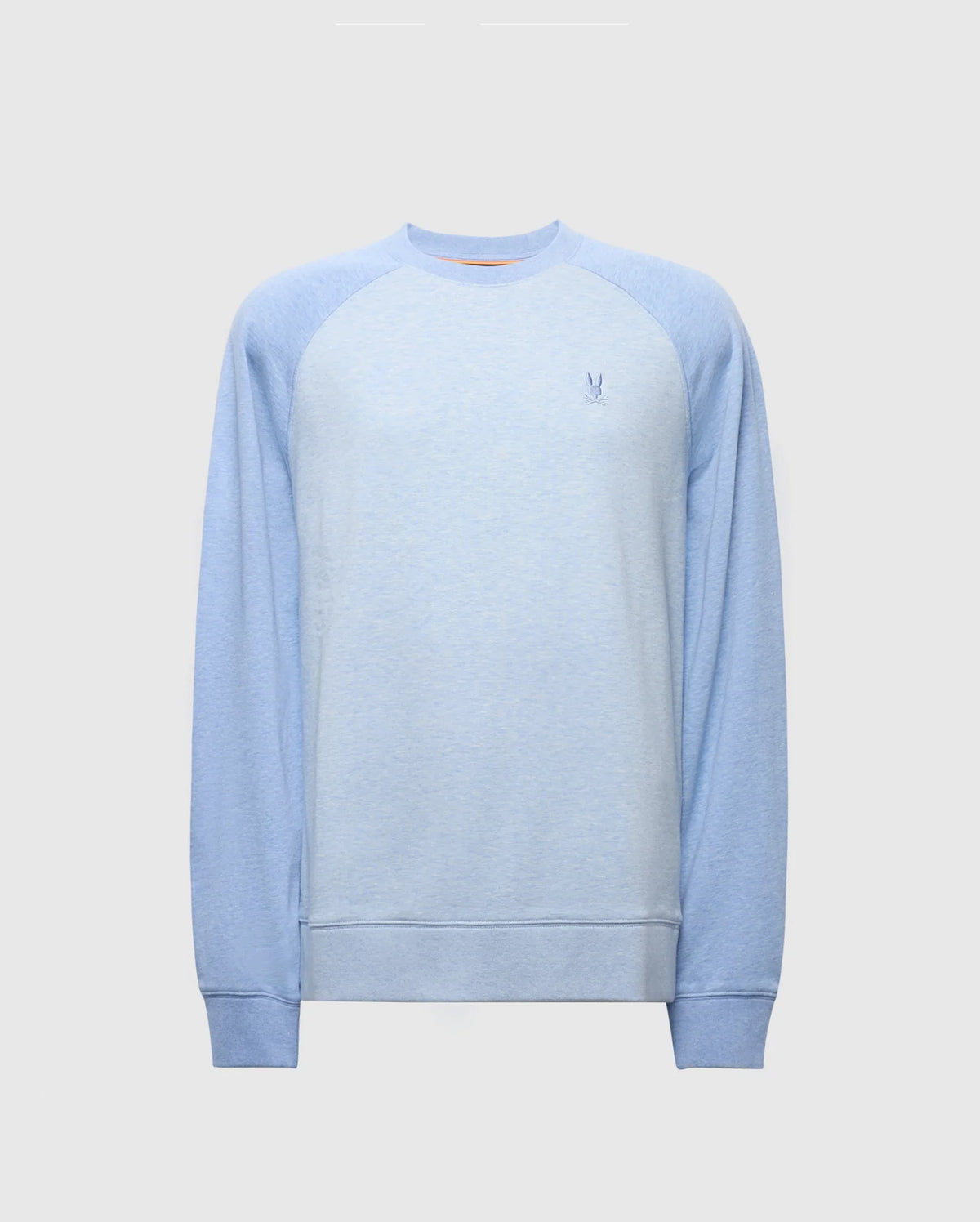 The MENS ARCHIE MELANGE COLOR BLOCK SWEATSHIRT - B6S630F200 by Psycho Bunny is showcased on a plain background. It features monochrome styling with raglan sleeves and an embroidered Bunny logo on the left chest.