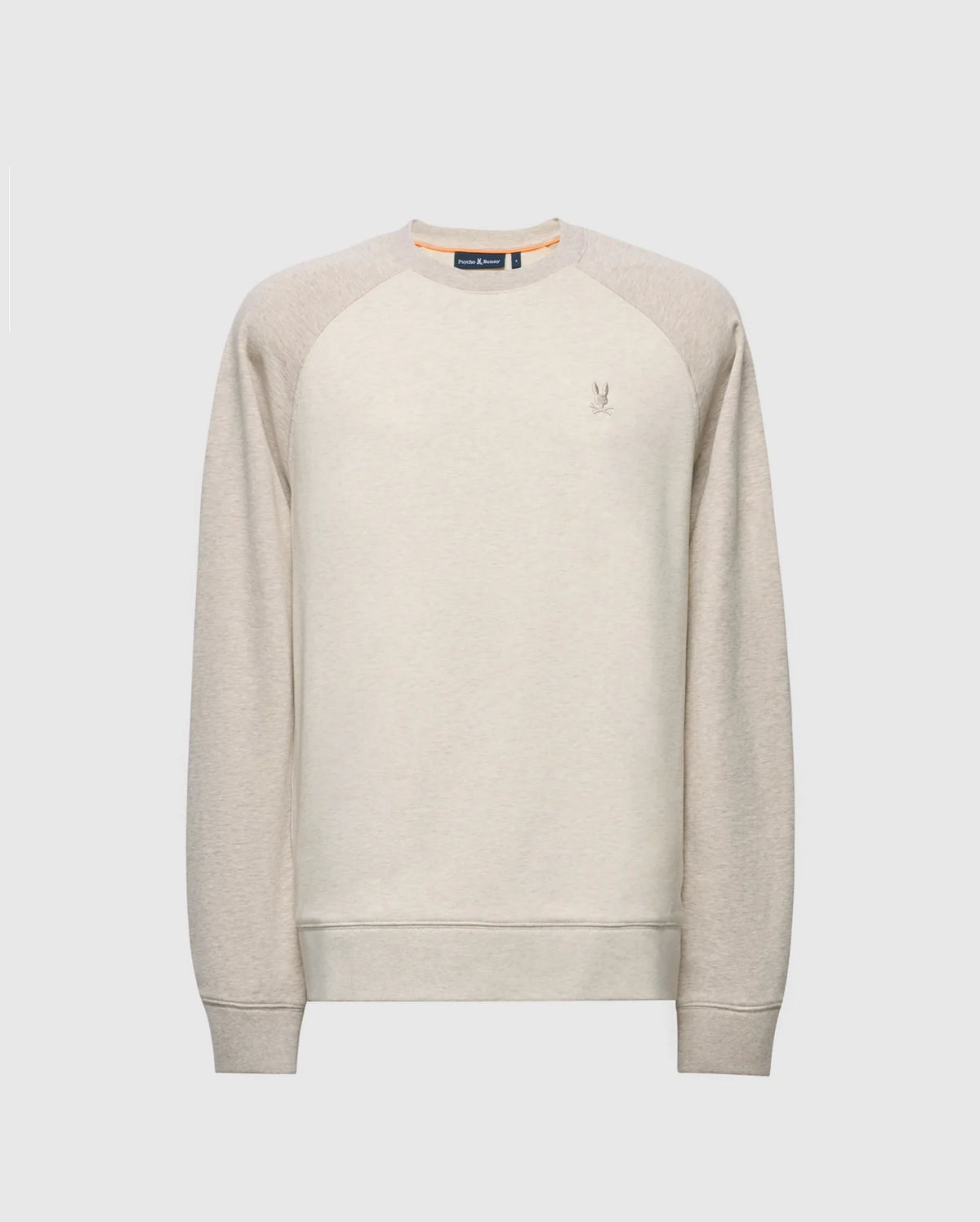 The MENS ARCHIE MELANGE COLOR BLOCK SWEATSHIRT by Psycho Bunny features a light gray color, cotton jersey fabric, ribbed cuffs and hem, round neckline, long sleeves, and a small embroidered bunny logo on the left chest. Its simple classic design is ideal for monochrome styling and promises comfort.