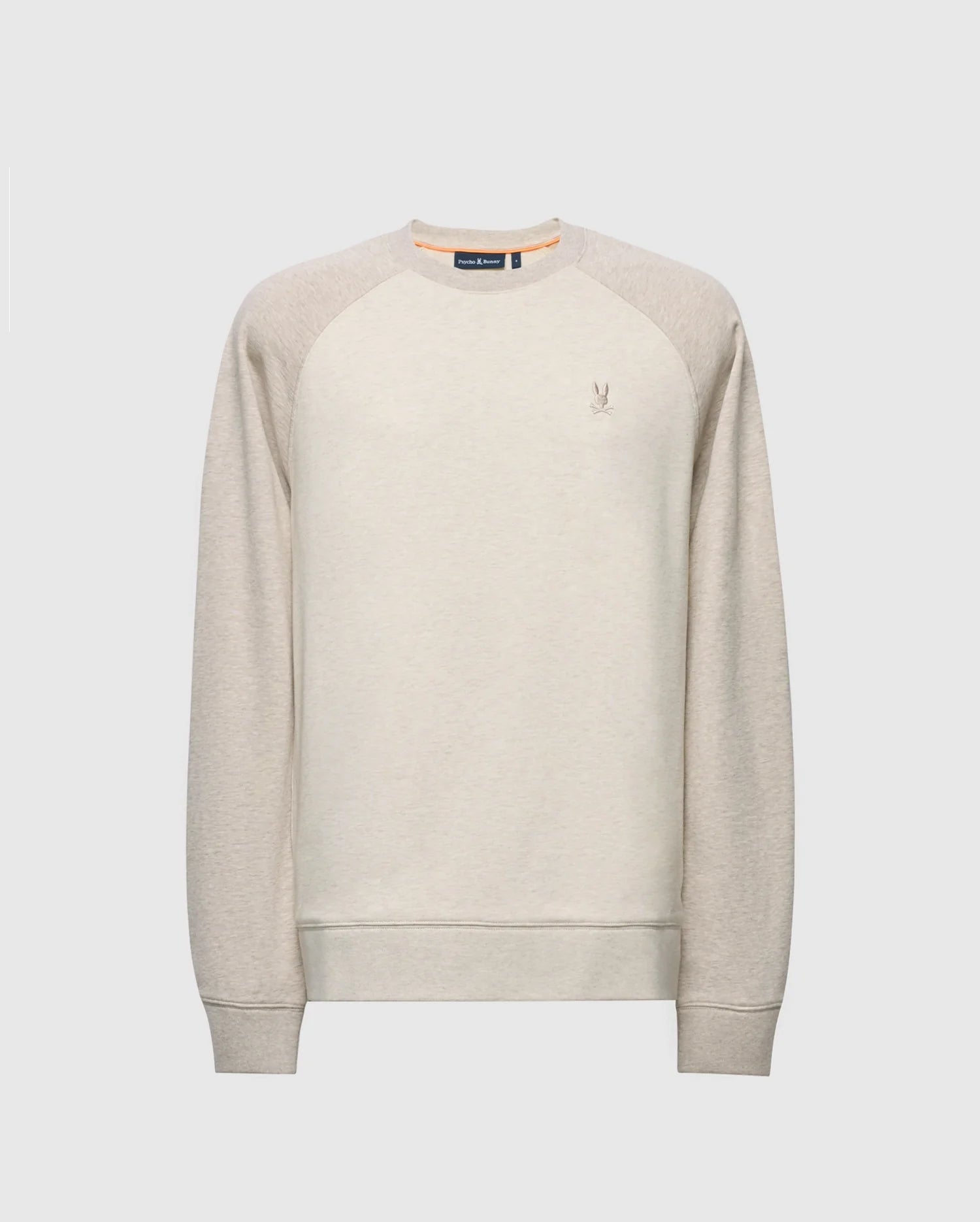 The MENS ARCHIE MELANGE COLOR BLOCK SWEATSHIRT by Psycho Bunny features a light gray color, cotton jersey fabric, ribbed cuffs and hem, round neckline, long sleeves, and a small embroidered bunny logo on the left chest. Its simple classic design is ideal for monochrome styling and promises comfort.