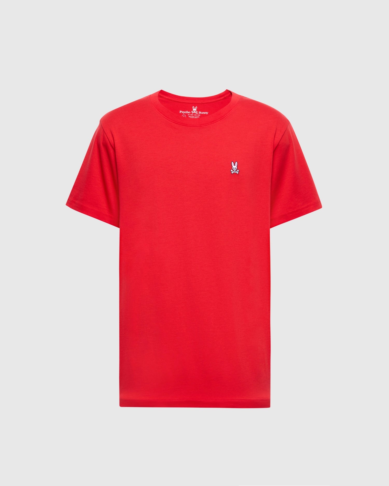 Psycho Bunny's Men's Classic Crew Neck Tee (B6U014CRPC) is a red T-shirt crafted from soft Pima cotton with an embroidered rabbit logo on the left chest, shown on a light gray background.