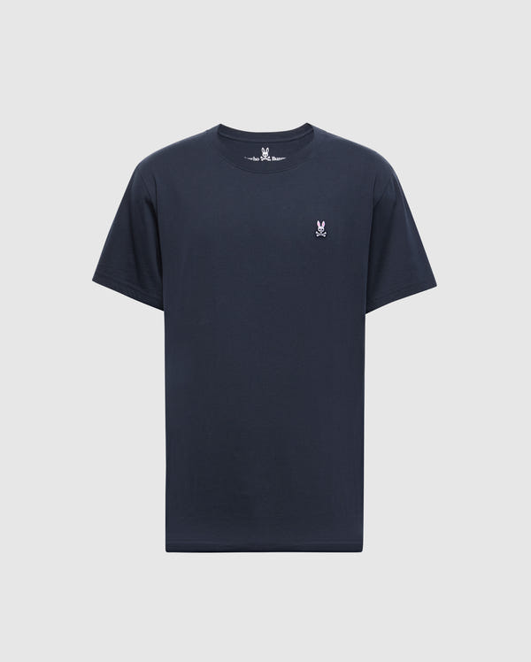 The Psycho Bunny MENS CLASSIC CREW NECK TEE (B6U014CRPC) is a black 100% Pima cotton t-shirt featuring a small white embroidered rabbit logo on the left chest, shown on a white background.