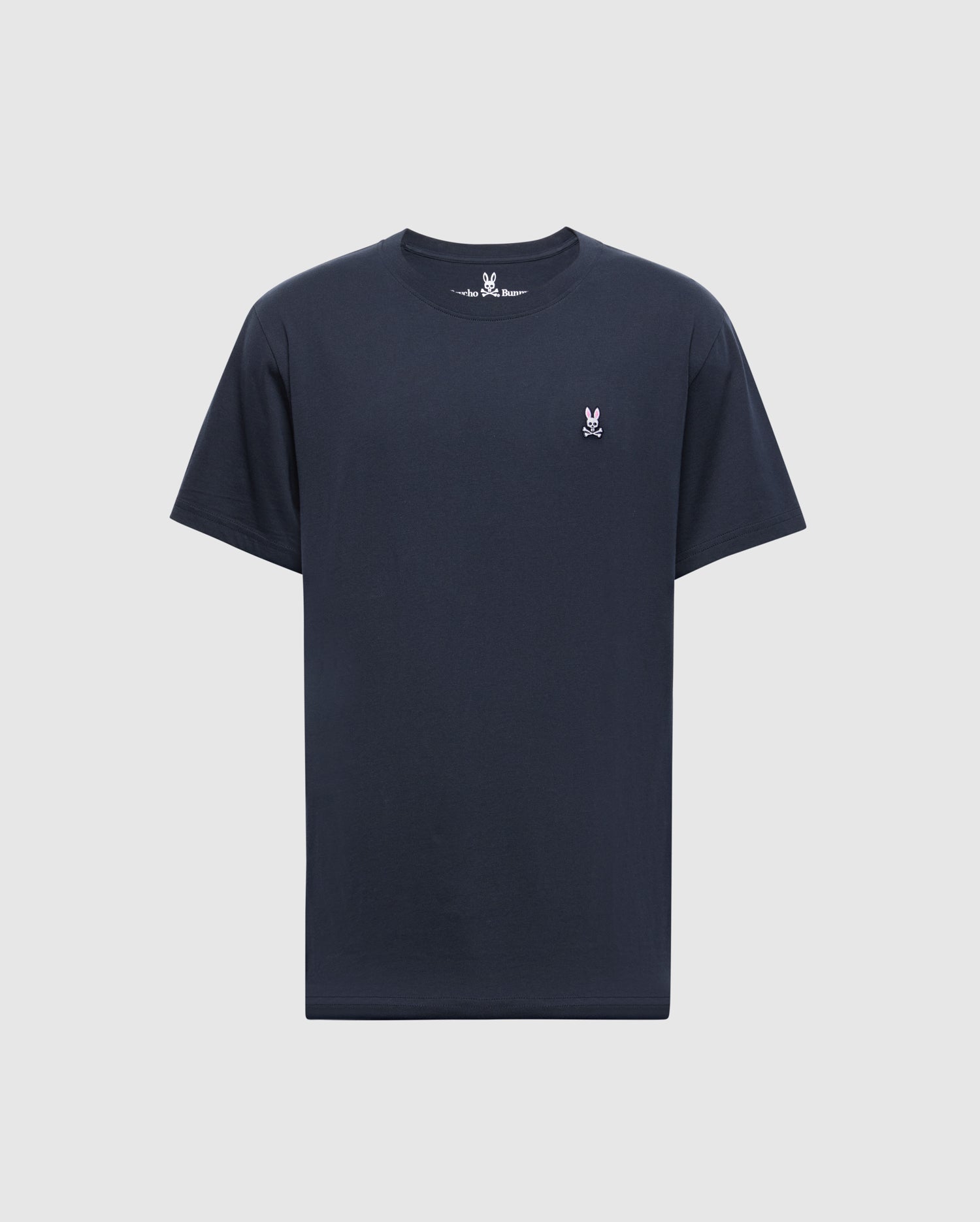 The Psycho Bunny MENS CLASSIC CREW NECK TEE (B6U014CRPC) is a black 100% Pima cotton t-shirt featuring a small white embroidered rabbit logo on the left chest, shown on a white background.