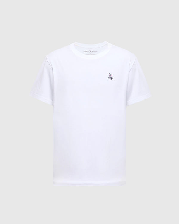 The MENS CLASSIC CREW NECK TEE - B6U014CRPC by Psycho Bunny is a white unisex T-shirt made from 100% Pima cotton, featuring a classic crew neck and a small embroidered logo on the left chest, set against a plain background.