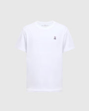 The MENS CLASSIC CREW NECK TEE - B6U014CRPC by Psycho Bunny is a white unisex T-shirt made from 100% Pima cotton, featuring a classic crew neck and a small embroidered logo on the left chest, set against a plain background.