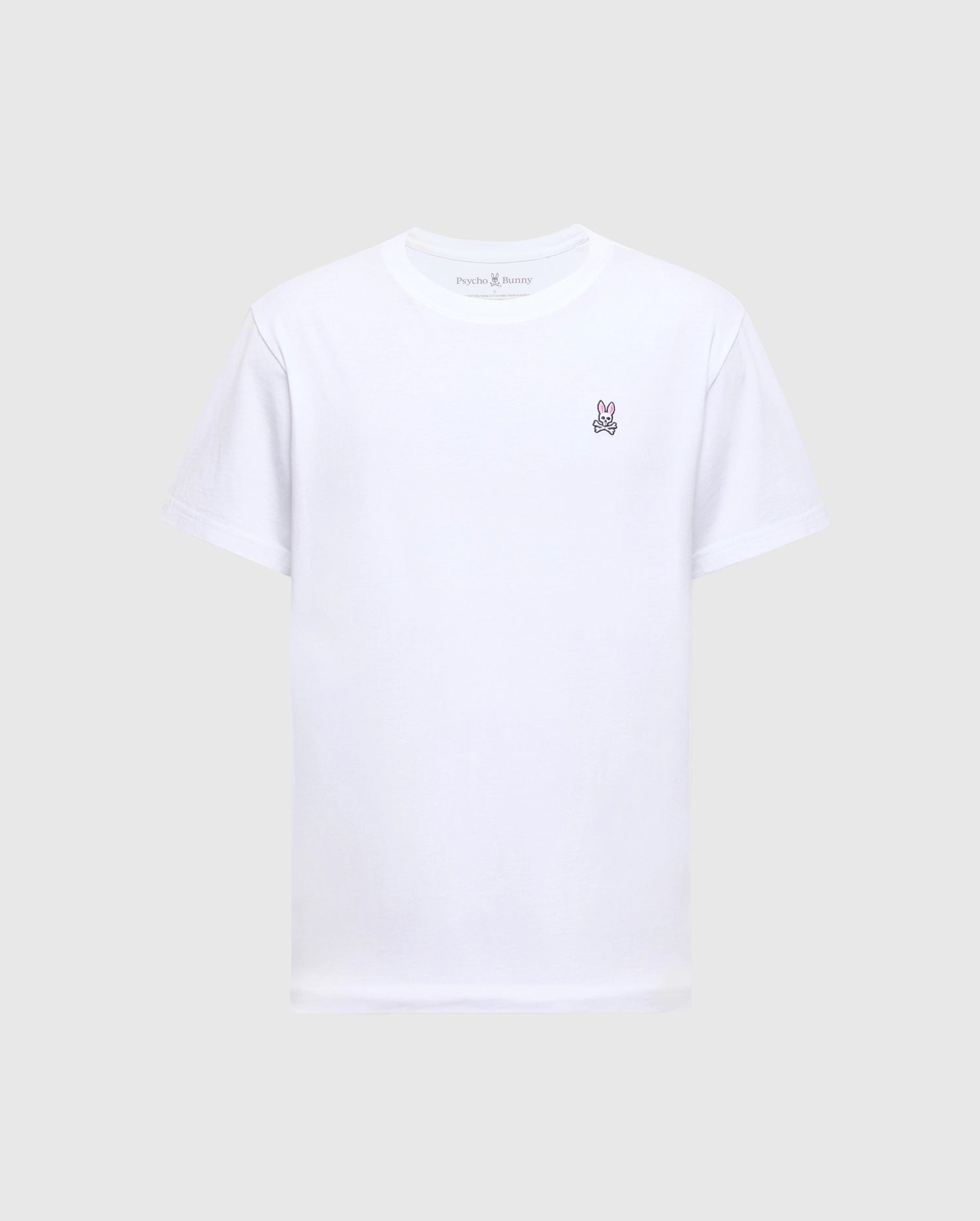 The MENS CLASSIC CREW NECK TEE - B6U014CRPC by Psycho Bunny is a white unisex T-shirt made from 100% Pima cotton, featuring a classic crew neck and a small embroidered logo on the left chest, set against a plain background.