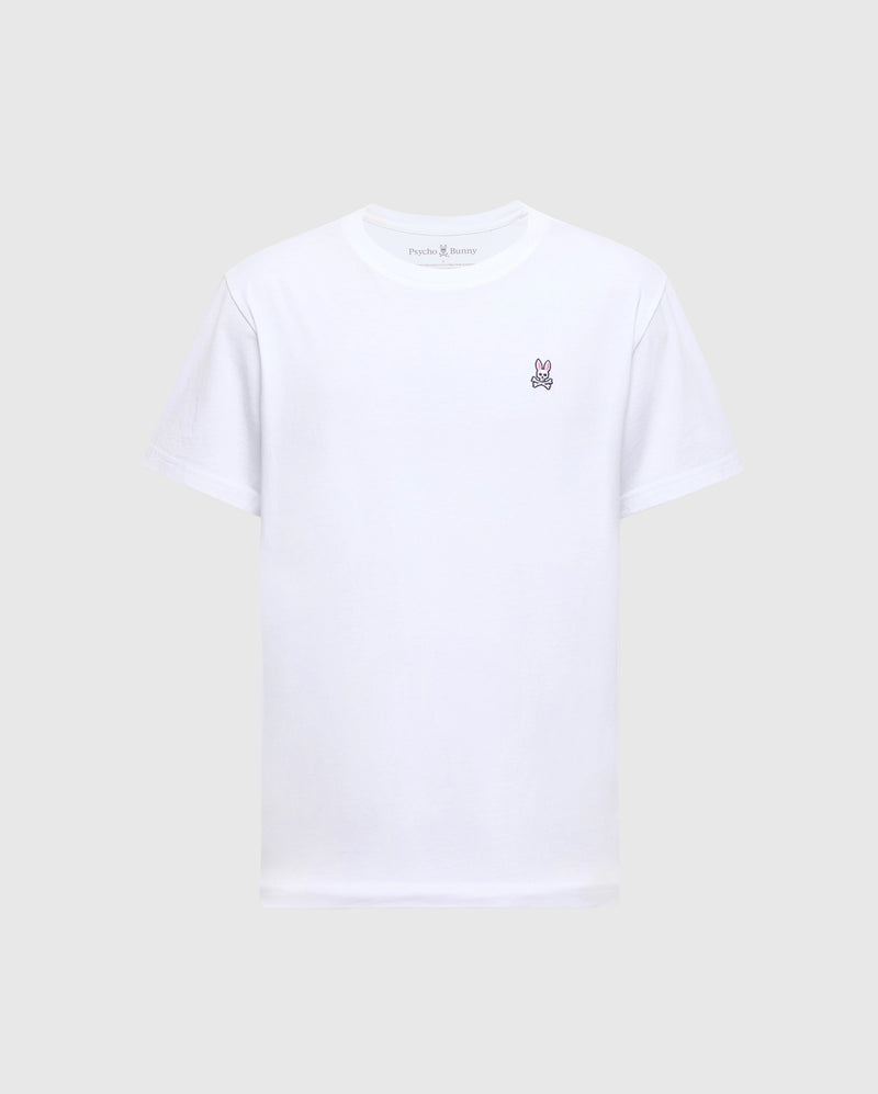 The MENS CLASSIC CREW NECK TEE - B6U014CRPC by Psycho Bunny is a white unisex T-shirt made from 100% Pima cotton, featuring a classic crew neck and a small embroidered logo on the left chest, set against a plain background.