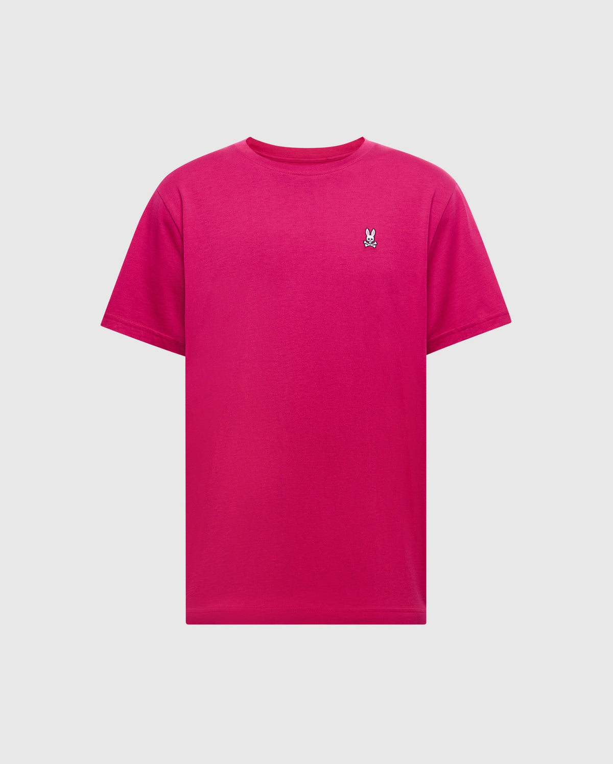 The MENS CLASSIC CREW NECK TEE by Psycho Bunny (B6U014CRPC) features a bright pink color, soft Pima cotton fabric, short sleeves, and a classic crewneck with a small embroidered bunny logo on the left chest. The background is plain white.
