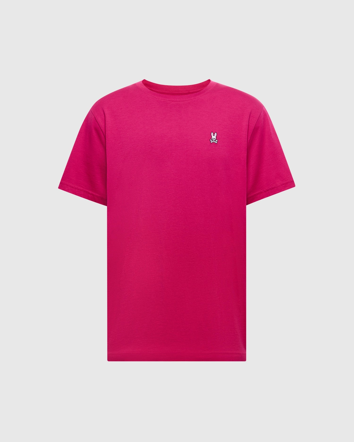 The MENS CLASSIC CREW NECK TEE by Psycho Bunny (B6U014CRPC) features a bright pink color, soft Pima cotton fabric, short sleeves, and a classic crewneck with a small embroidered bunny logo on the left chest. The background is plain white.