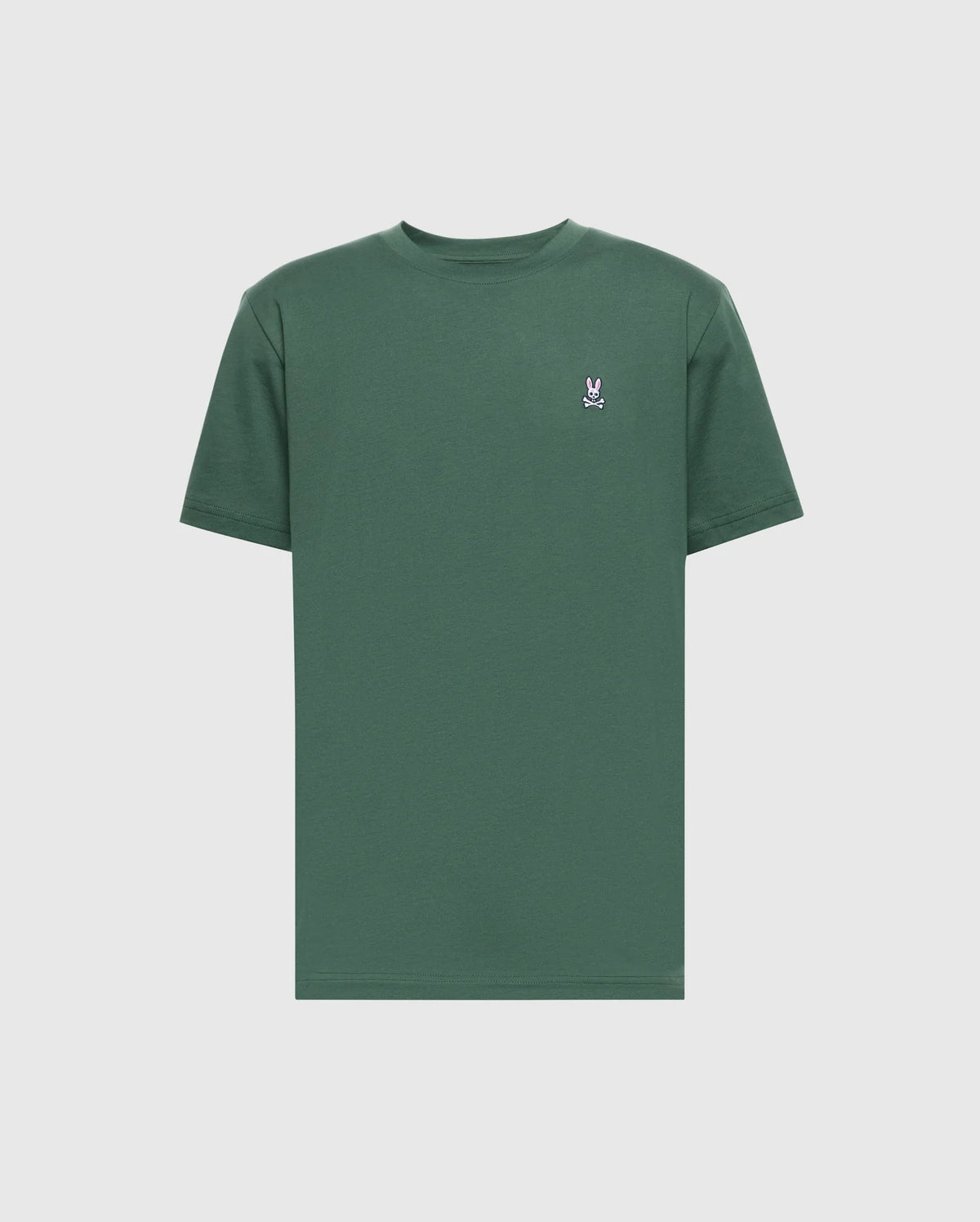 The Psycho Bunny MENS CLASSIC CREW NECK TEE (B6U014F200) is a plain green pima cotton shirt with a small white embroidered logo on the left chest, shown on a light gray background.