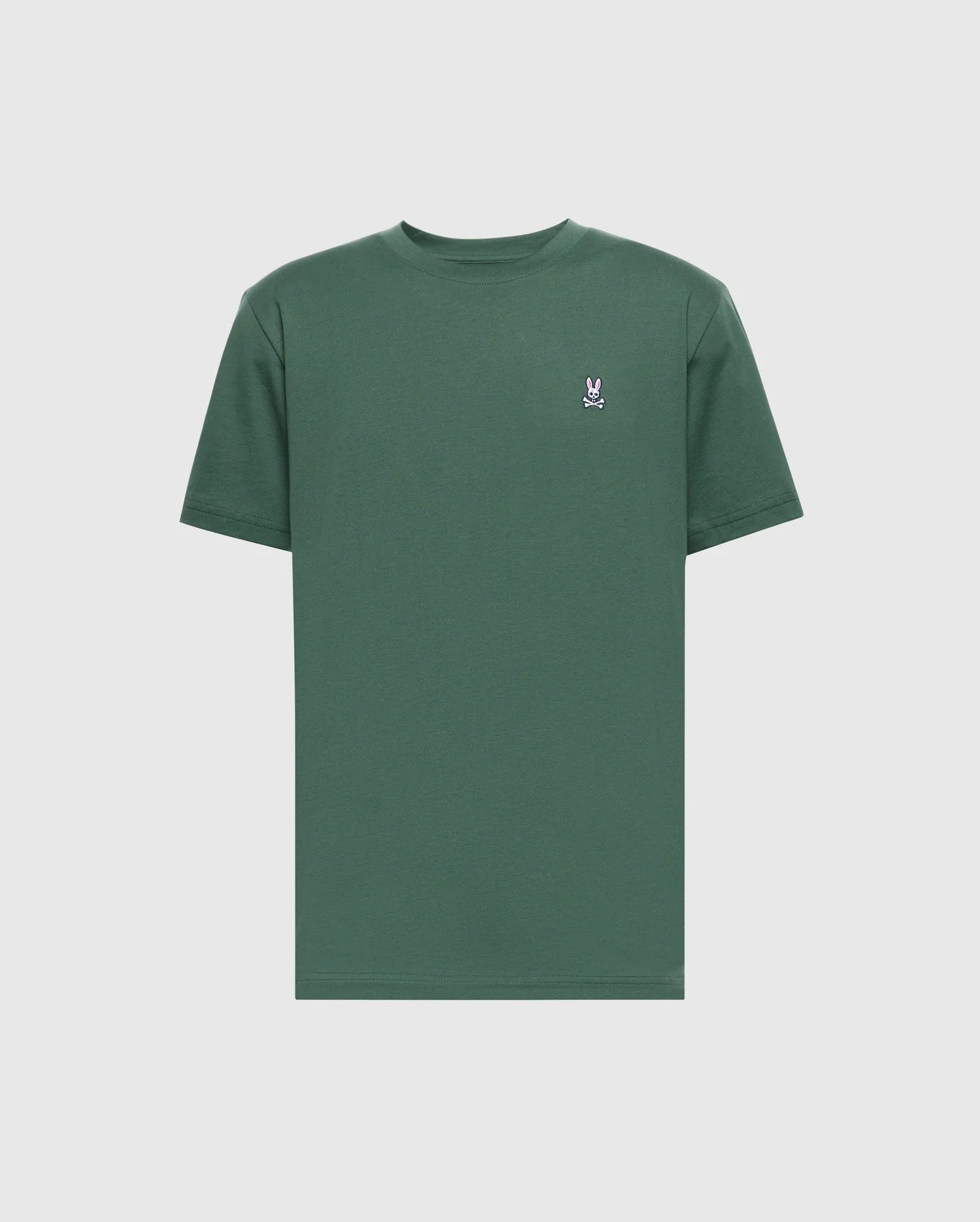 The Psycho Bunny MENS CLASSIC CREW NECK TEE (B6U014F200) is a plain green pima cotton shirt with a small white embroidered logo on the left chest, shown on a light gray background.