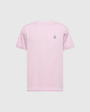 The Psycho Bunny Men's Classic Crew Neck Tee (B6U014F200) is a versatile, light pink T-shirt made from 100% pima cotton. It features a crewneck design, short sleeves, and a small embroidered bunny emblem on the left chest set against a plain light gray background for effortless style.