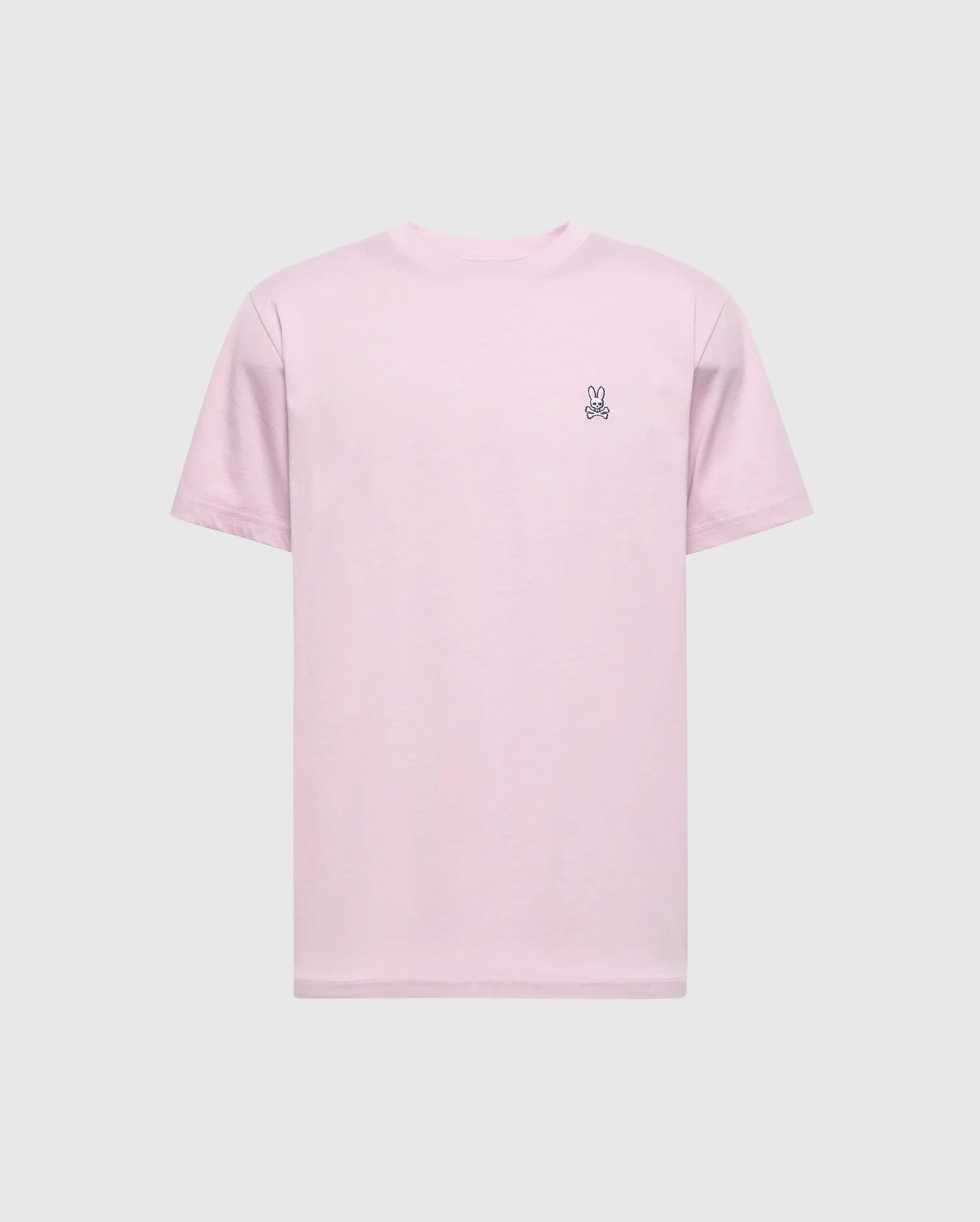The Psycho Bunny Men's Classic Crew Neck Tee (B6U014F200) is a versatile, light pink T-shirt made from 100% pima cotton. It features a crewneck design, short sleeves, and a small embroidered bunny emblem on the left chest set against a plain light gray background for effortless style.